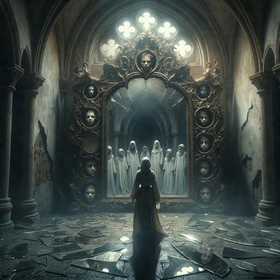 The primary subject of the image is a woman standing in front of a large mirror. The setting is a dark room with a stone wall, and the visual style appears to be a combination of photo and digital art. The colors in the image are predominantly dark, creating a moody atmosphere. The woman is wearing a long dress, and the mirror reflects her image, adding depth to the scene.